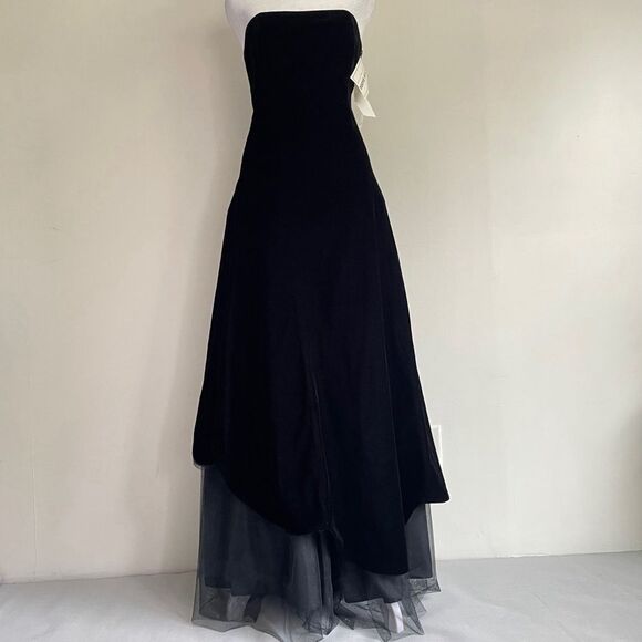 Vintage NWT Black Velvet Tom Barra Tube Top Tulle Layered Evening Gown Size 6 - Picture 1 of 12